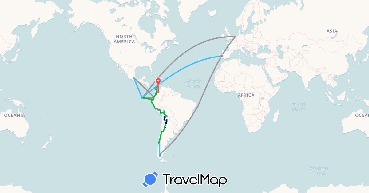 TravelMap itinerary: driving, bus, plane, train, hiking, boat in Argentina, Bolivia, Chile, Colombia, Ecuador, Mexico, Netherlands, Panama, Peru, Portugal (Europe, North America, South America)